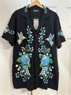 Ringspun Floral Bird Print Button-Up Shirt Black Size L Camp Collar